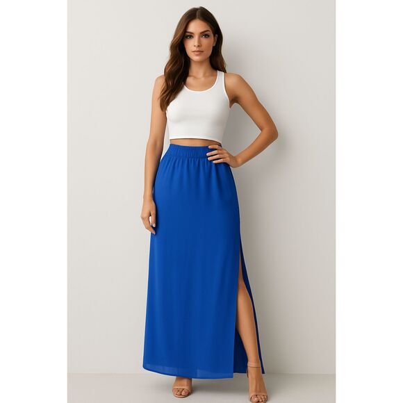 ANN TAYLOR ROYAL BLUE SIDE SLITS ELASTIC WAIST BOHO CASUAL MAXI SKIRT SZE: S NWT - Picture 1 of 4